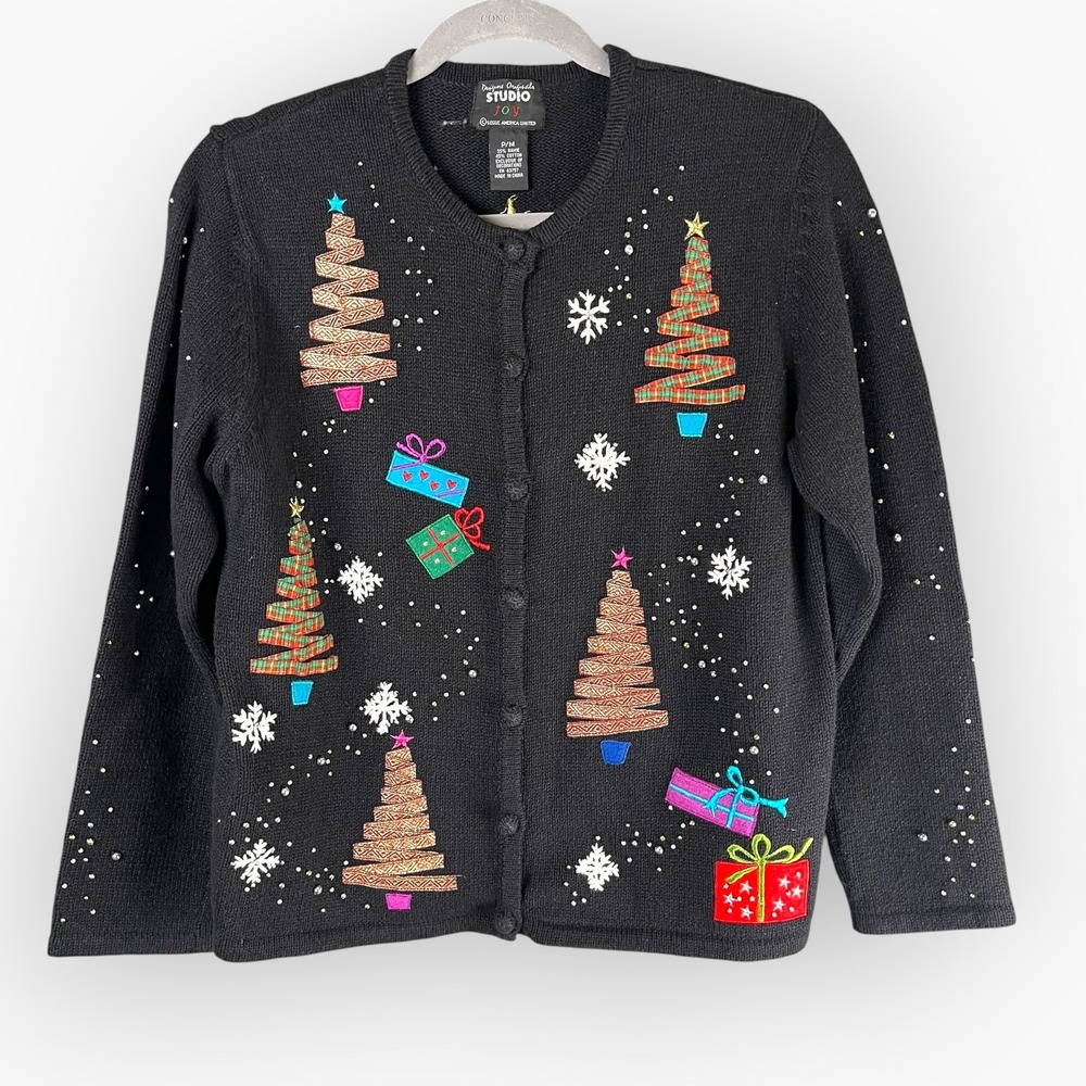 Designers Originals Studio Joy Christmas Tree Beaded Cardigan Sweater P/M Black